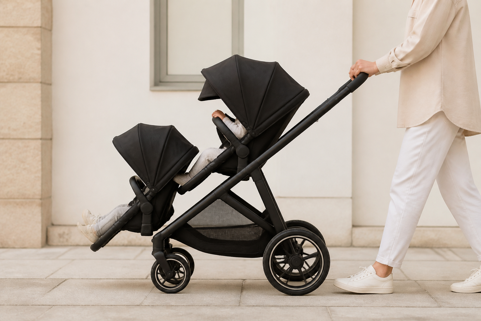 Welke kinderwagen met twee zitplaatsen achter elkaar past bij jouw route?